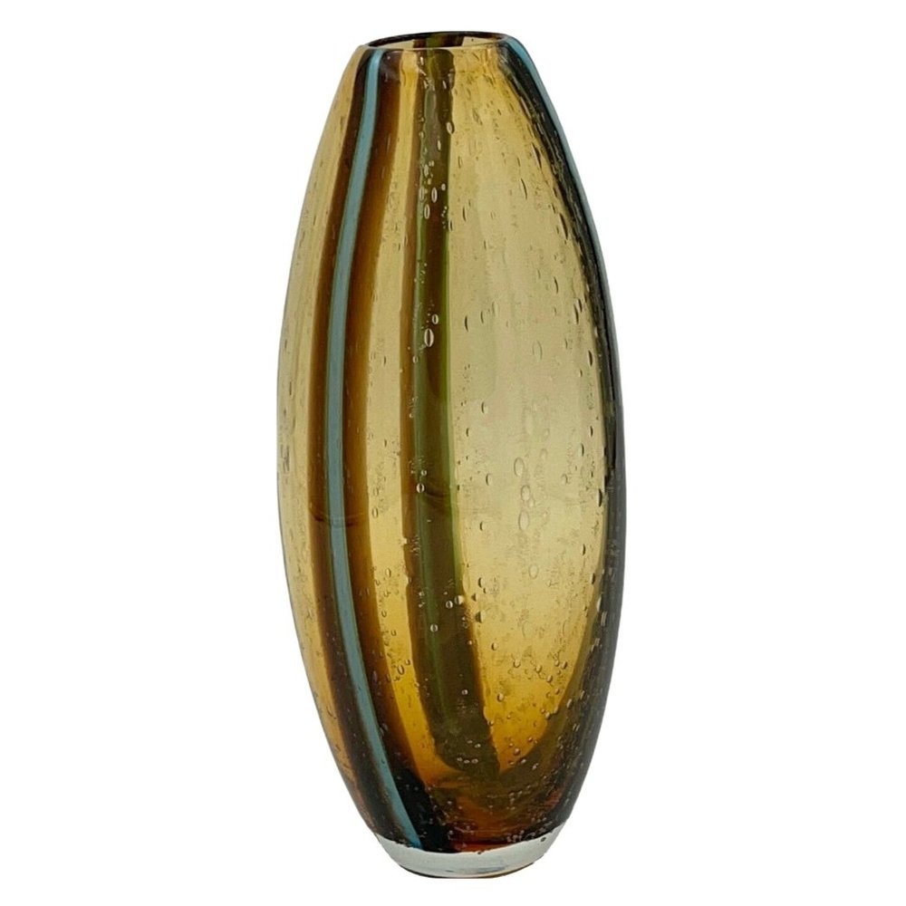 Murano Vase Hand Blown Sommerso Bullicante Amber Blue Stripe Art Glass Vintage